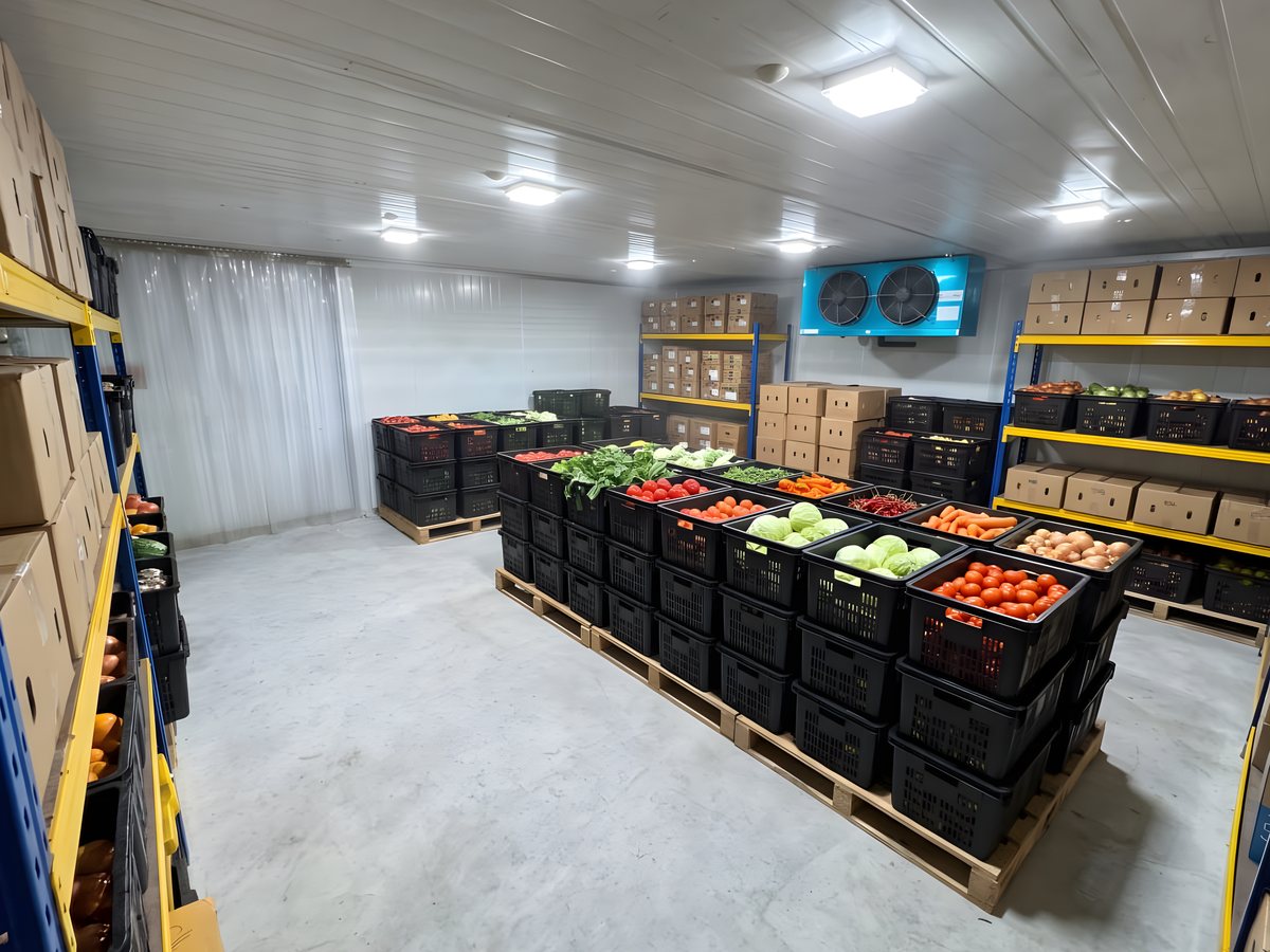 Crates of fresh vegetables stacked on pallets inside one of Freshmen's cold rooms, with the chiller unit overhead